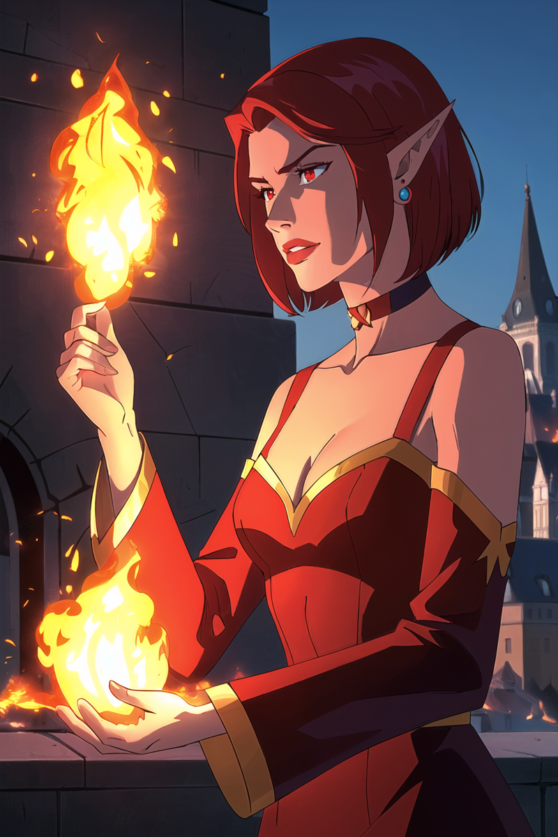 3978528956-3314572643-outdoors, castle far away, 1girl, fire, red hair, pointy ears, red eyes, short hair, bob haircut, solo, breasts, choker, cleavag.png